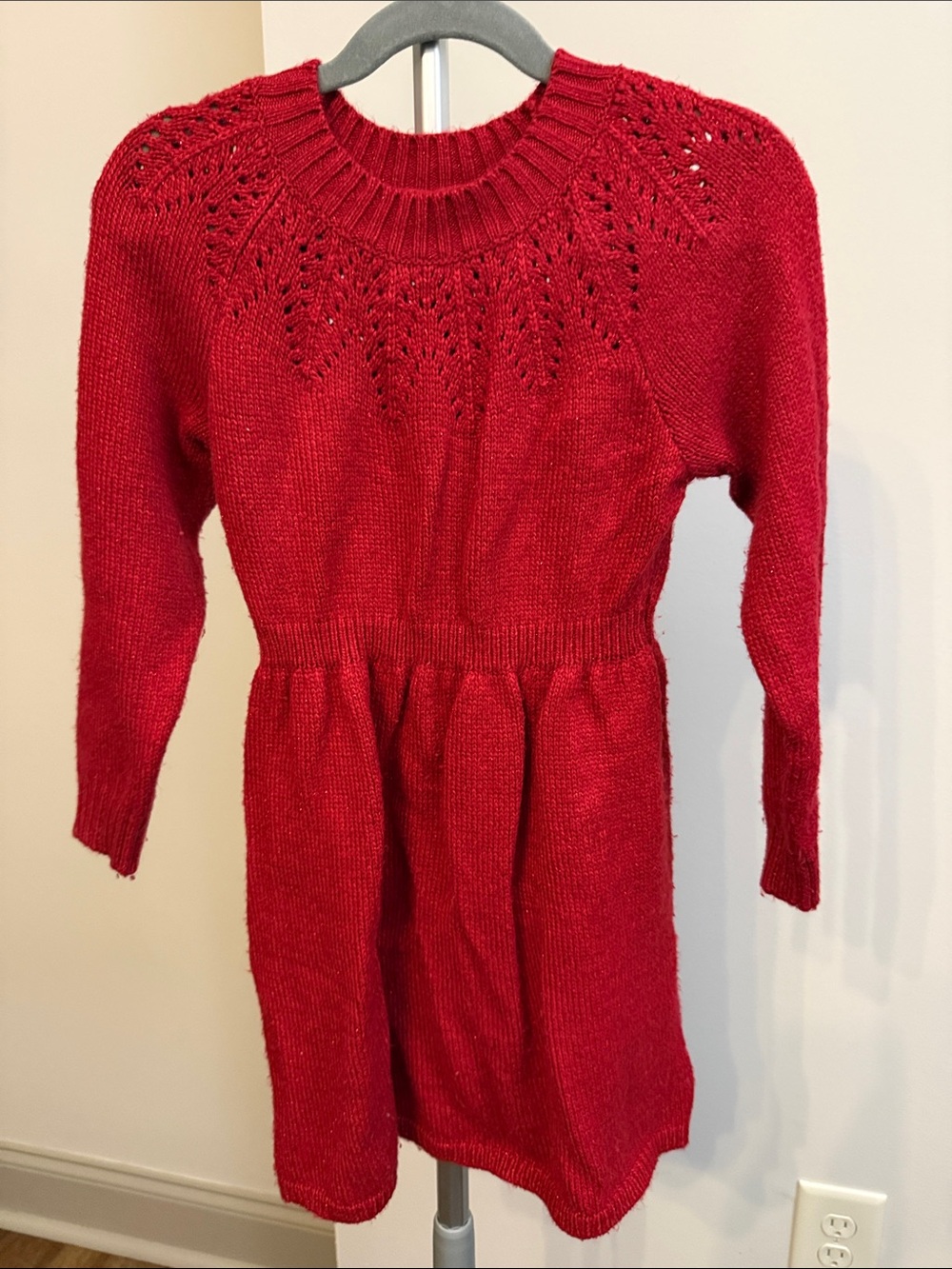 Girls Red Metallic Knit Long-Sleeve Sweater Dress